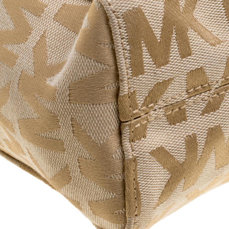 Pre Owned Michael Kors Beige/Gold Monogram Canvas and Leather Tote