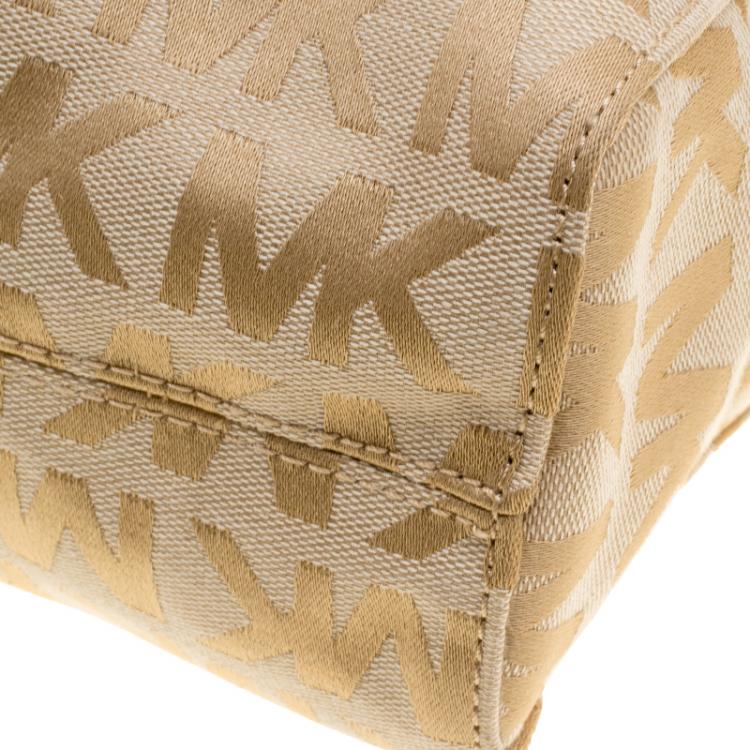 Pre Owned Michael Kors Beige/Gold Monogram Canvas and Leather Tote