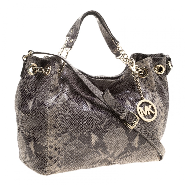 Pre Owned MICHAEL Michael Kors Beige/Black Python Embossed Leather Jet Set Chain Tote
