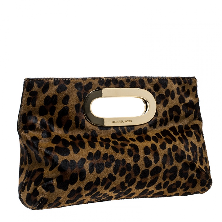 Pre Owned Michael Michael Kors Brown Leopard Print Calfhair Clutch