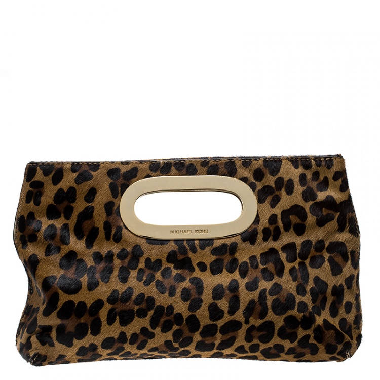 Pre Owned Michael Michael Kors Brown Leopard Print Calfhair Clutch