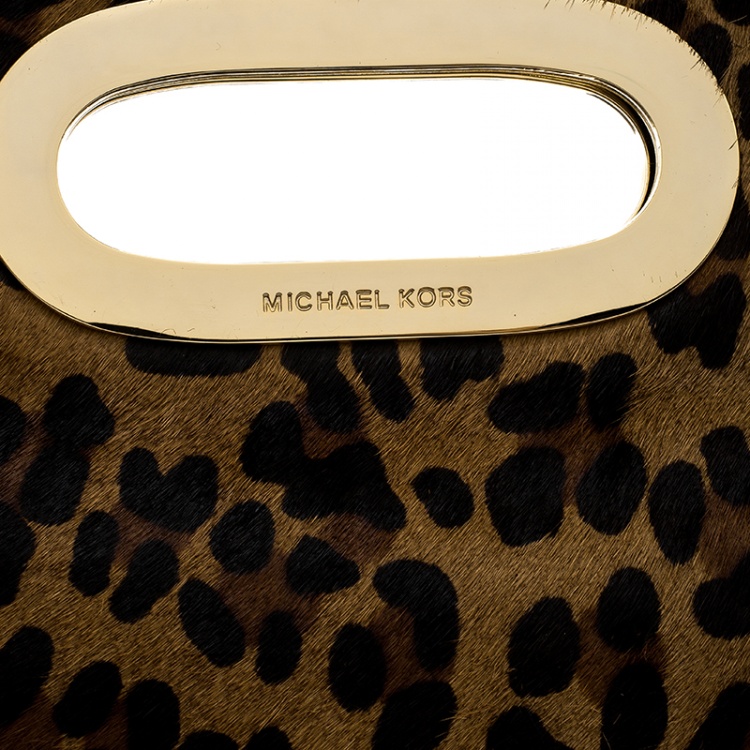 Pre Owned Michael Michael Kors Brown Leopard Print Calfhair Clutch