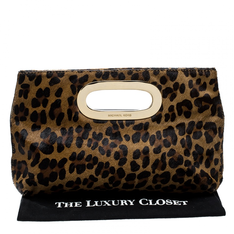 Pre Owned Michael Michael Kors Brown Leopard Print Calfhair Clutch