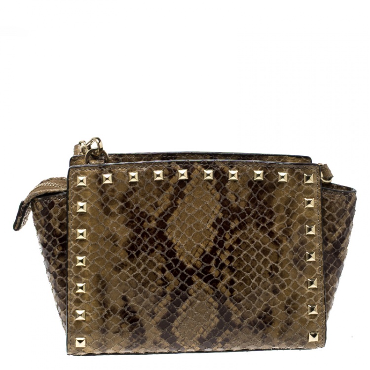 Pre Owned Michael Michael Kors Brown Python Embossed Leather Studded Shoulder Bag