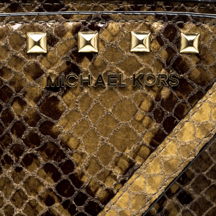 Pre Owned Michael Michael Kors Brown Python Embossed Leather Studded Shoulder Bag