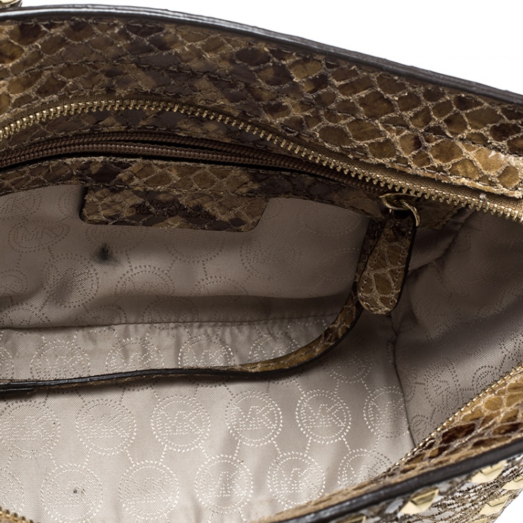 Pre Owned Michael Michael Kors Brown Python Embossed Leather Studded Shoulder Bag