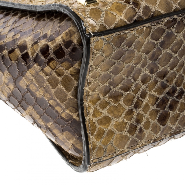 Pre Owned Michael Michael Kors Brown Python Embossed Leather Studded Shoulder Bag