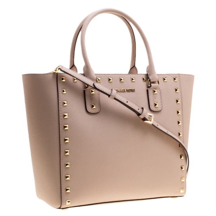 Pre Owned Michael Michael Kors Blush Pink Leather Large Sandrine Studded Zip Tote