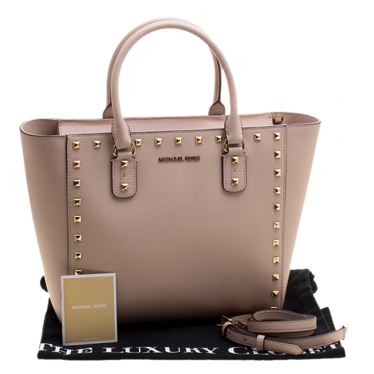 Pre Owned Michael Michael Kors Blush Pink Leather Large Sandrine Studded Zip Tote