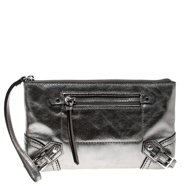 Michael Kors Metallic Grey Leather Fallon Wristlet Clutch Michael