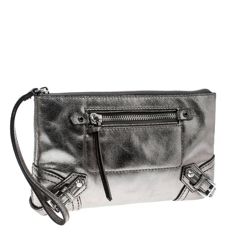 Pre Owned Michael Kors Metallic Grey Leather Fallon Clutch