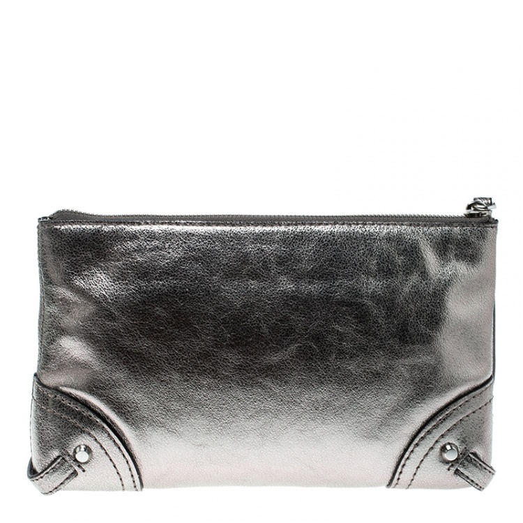 Pre Owned Michael Kors Metallic Grey Leather Fallon Clutch
