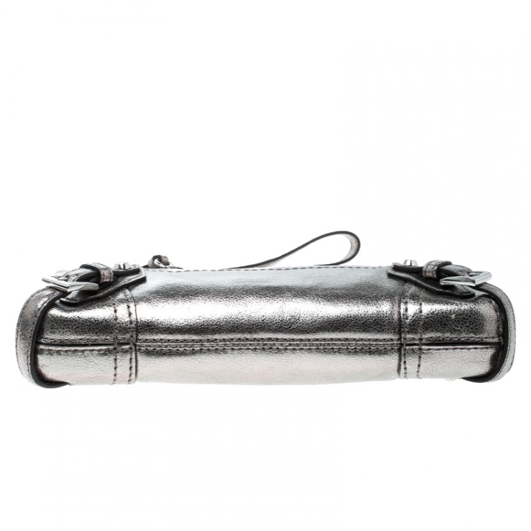 Pre Owned Michael Kors Metallic Grey Leather Fallon Clutch
