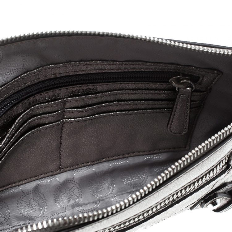 Pre Owned Michael Kors Metallic Grey Leather Fallon Clutch