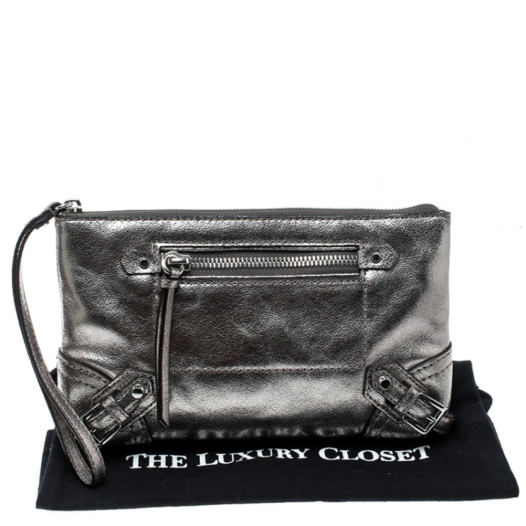 Pre Owned Michael Kors Metallic Grey Leather Fallon Clutch