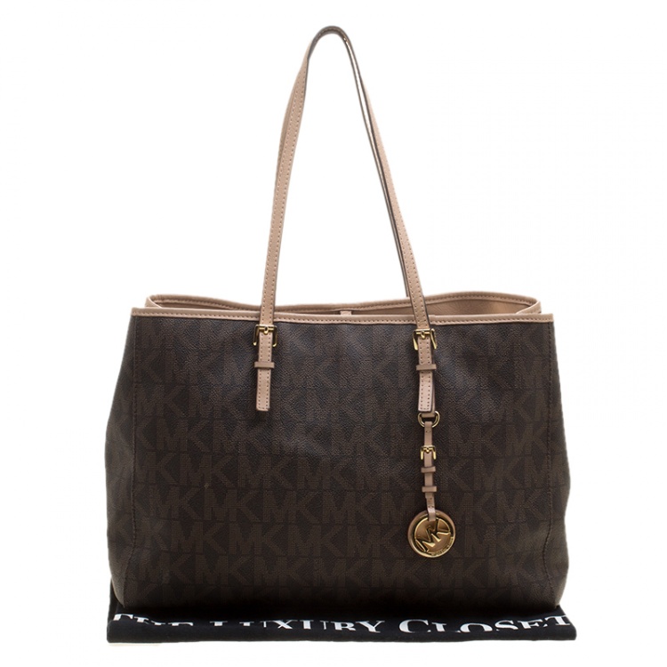 Pre Owned Michael Kors Brown Monogram Coated Canvas Jet Set Tote