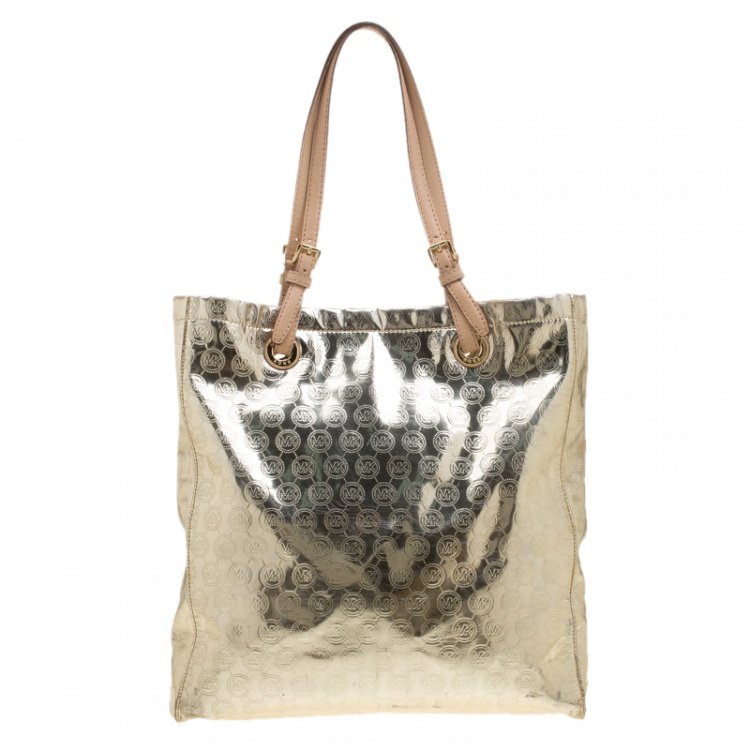 Pre Owned Michael Michael Kors Pale Gold Monogram Patent Leather Jet Set North South Tote