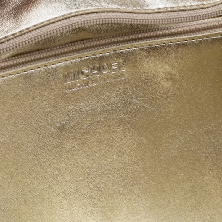 Pre Owned Michael Michael Kors Pale Gold Monogram Patent Leather Jet Set North South Tote