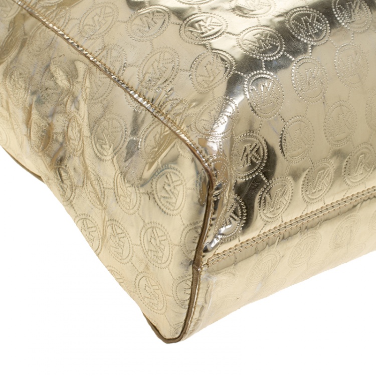 Pre Owned Michael Michael Kors Pale Gold Monogram Patent Leather Jet Set North South Tote