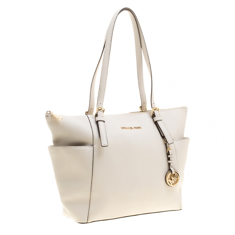 Pre Owned Michael Michael Kors Off White Saffiano Leather Top Zip Jet Set Tote