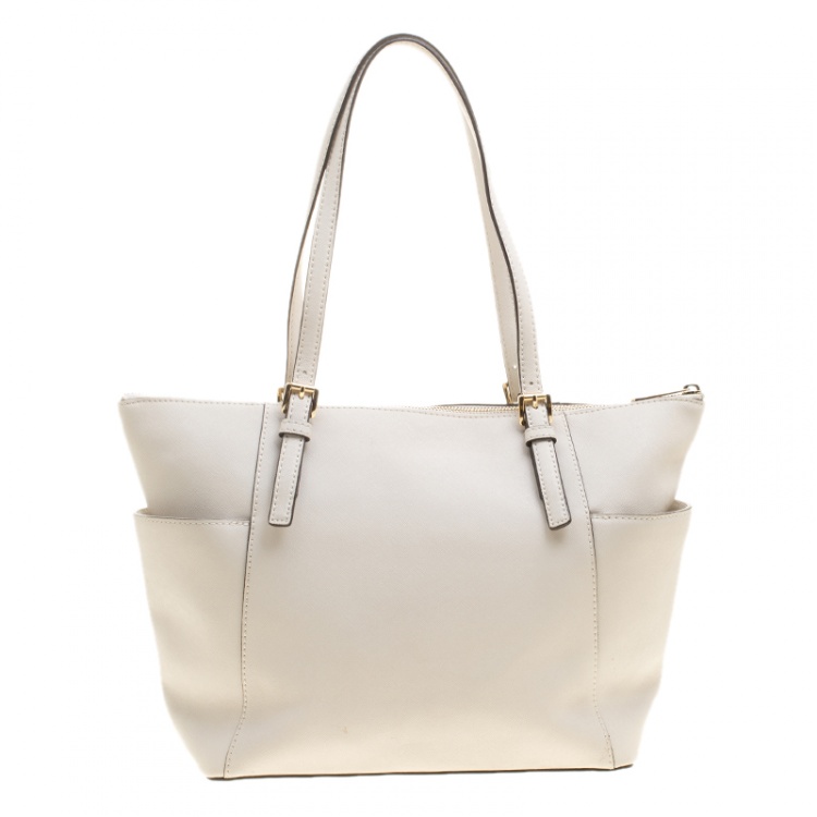 Pre Owned Michael Michael Kors Off White Saffiano Leather Top Zip Jet Set Tote