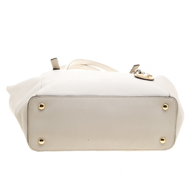 Pre Owned Michael Michael Kors Off White Saffiano Leather Top Zip Jet Set Tote