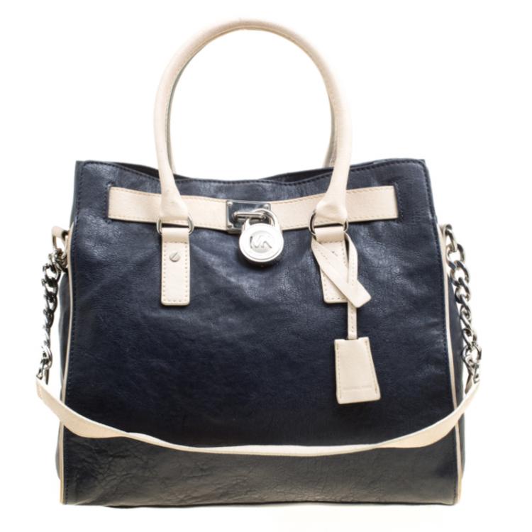 Pre Owned Michael Michael Kors Navy Blue Leather East West Hamilton Tote