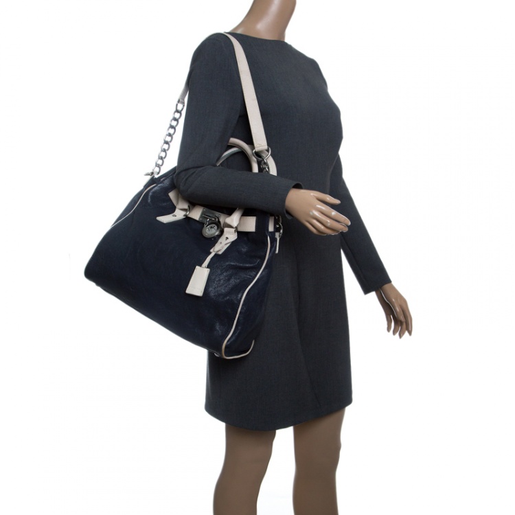 Pre Owned Michael Michael Kors Navy Blue Leather East West Hamilton Tote