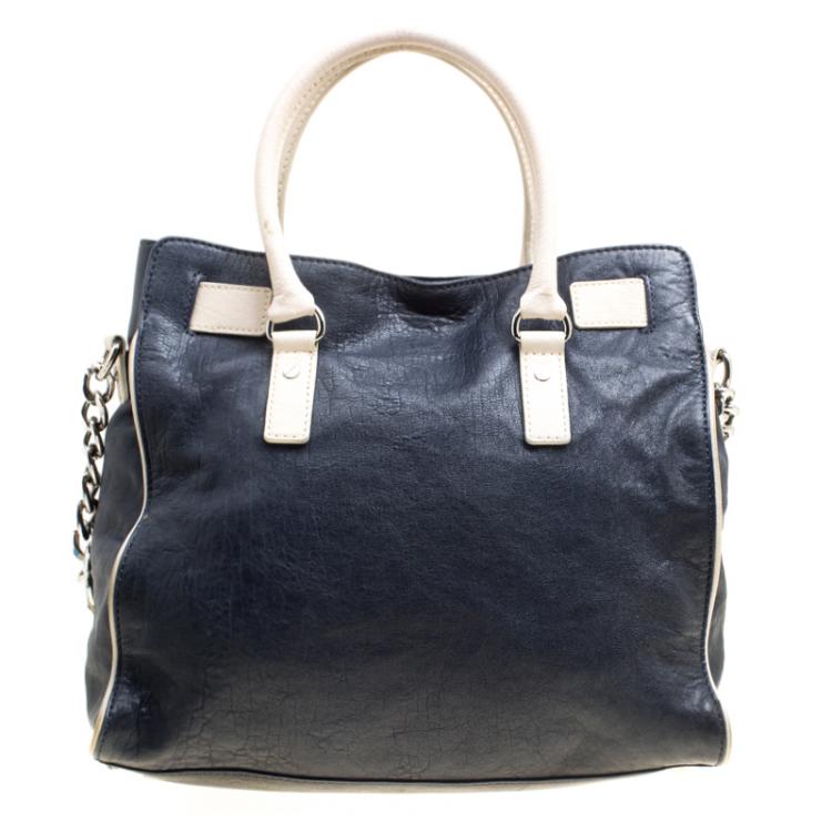 Pre Owned Michael Michael Kors Navy Blue Leather East West Hamilton Tote