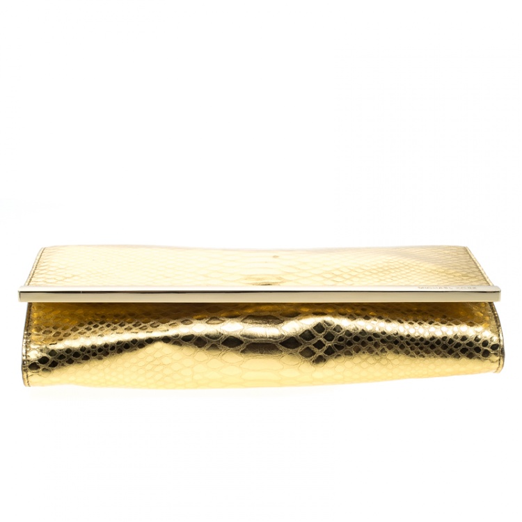 Pre Owned Michael Michael Kors Metallic Gold Python Print Leather Tilda Clutch