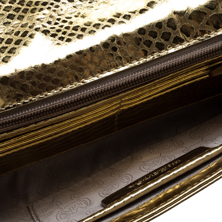 Pre Owned Michael Michael Kors Metallic Gold Python Print Leather Tilda Clutch