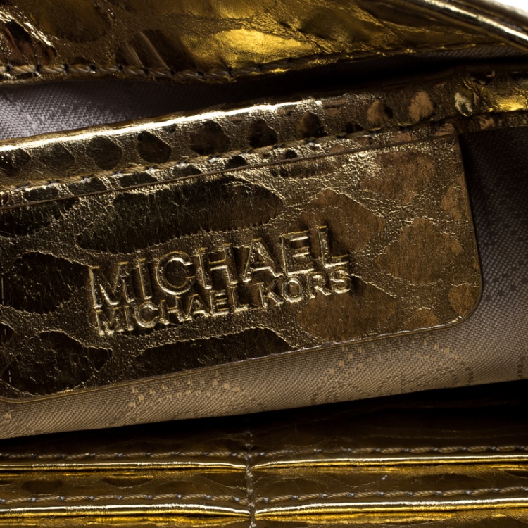 Pre Owned Michael Michael Kors Metallic Gold Python Print Leather Tilda Clutch