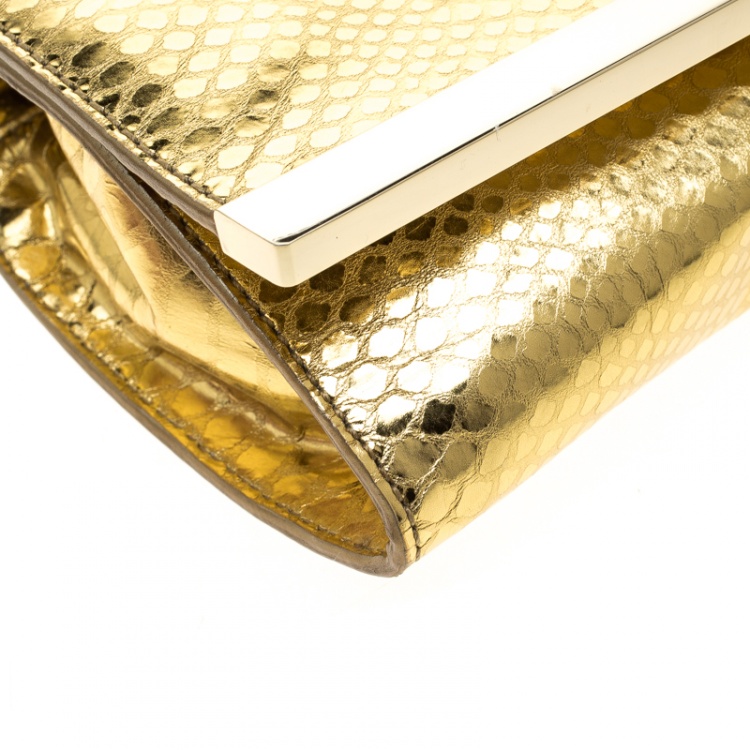 Pre Owned Michael Michael Kors Metallic Gold Python Print Leather Tilda Clutch