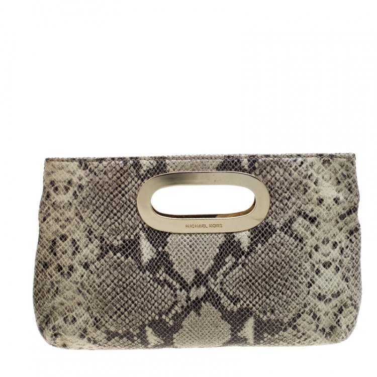 Pre Owned Michael Michael Kors Beige Python Embossed Leather Clutch