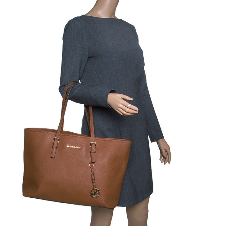 Pre Owned Michael Michael Kors Brown Saffiano Leather Jet Set Tote