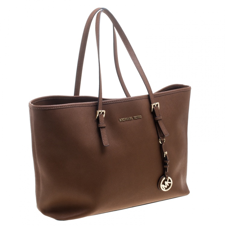 Pre Owned Michael Michael Kors Brown Saffiano Leather Jet Set Tote