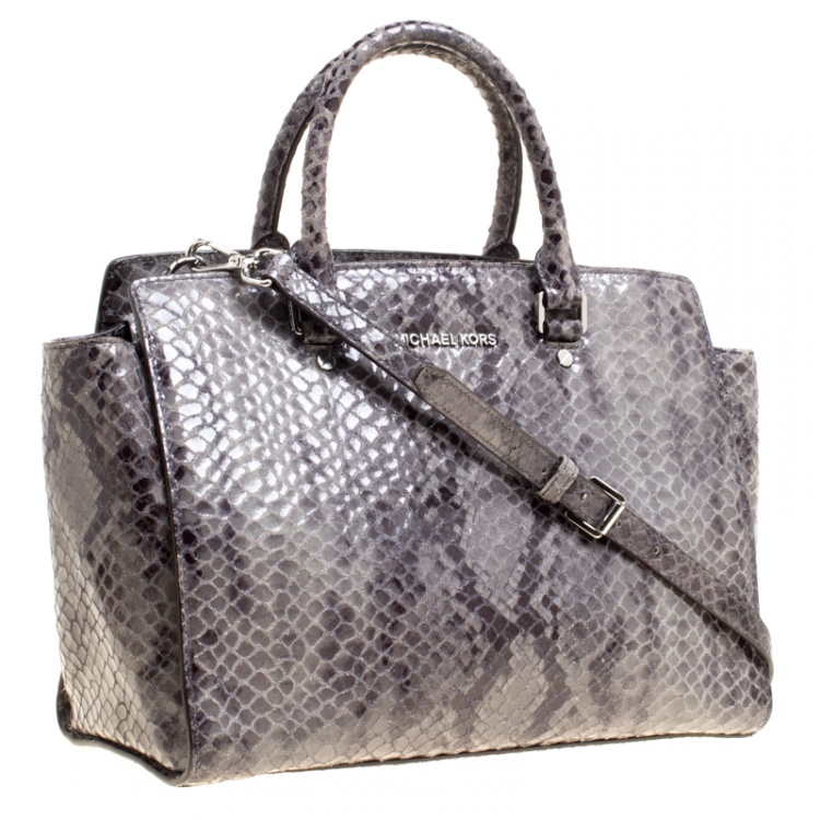 Pre Owned Michael Michael Kors Grey Snake Embossed Leather Medium Selma Tote