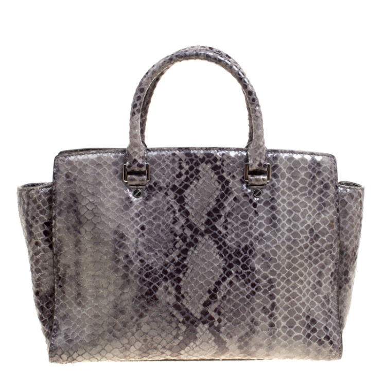 Pre Owned Michael Michael Kors Grey Snake Embossed Leather Medium Selma Tote