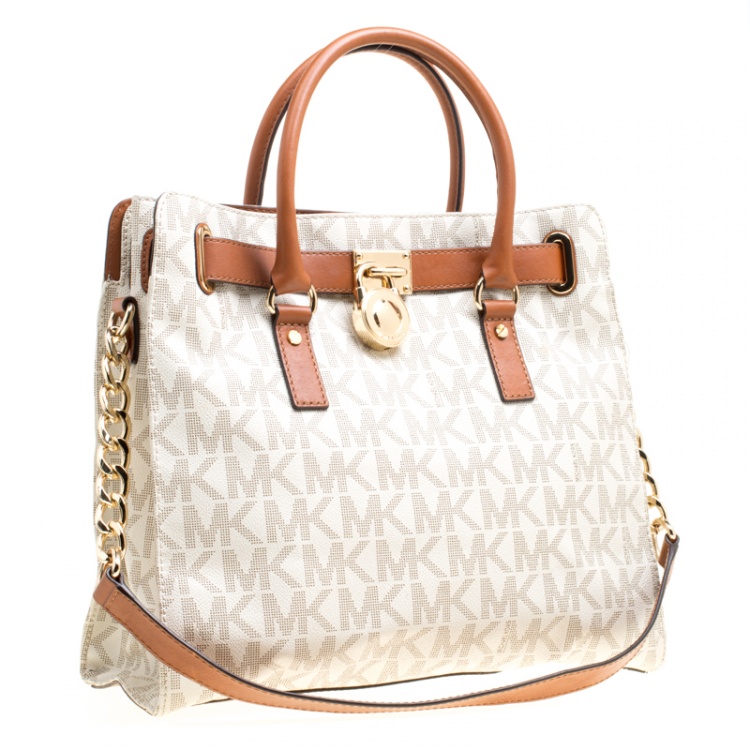 Pre Owned Michael Michael Kors Cream/Brown Coated Canvas and Leather East West Hamilton Tote