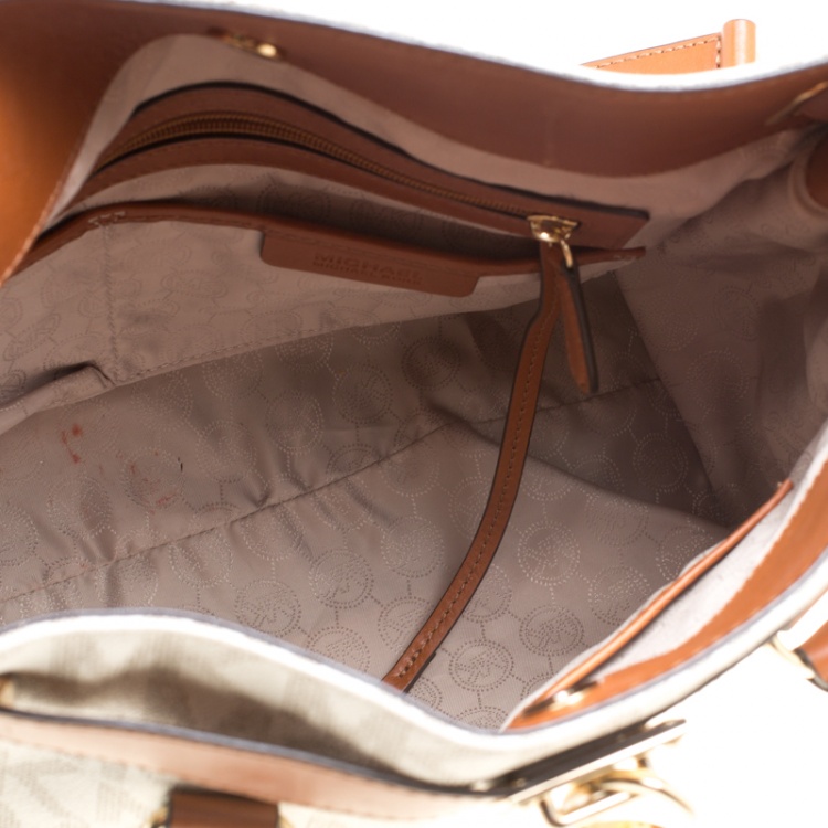 Pre Owned Michael Michael Kors Cream/Brown Coated Canvas and Leather East West Hamilton Tote