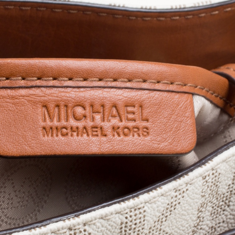 Pre Owned Michael Michael Kors Cream/Brown Coated Canvas and Leather East West Hamilton Tote