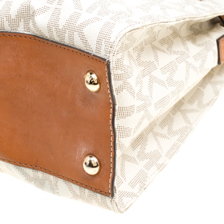 Pre Owned Michael Michael Kors Cream/Brown Coated Canvas and Leather East West Hamilton Tote