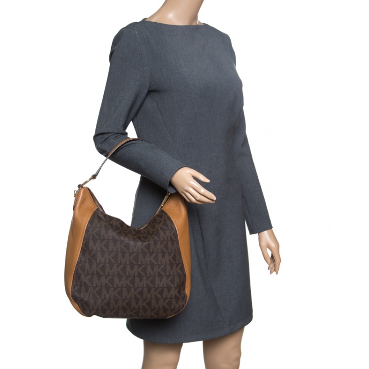 Pre Owned Michael Kors Brown Signature Coated Canvas and Leather Fulton Hobo
