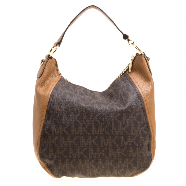Pre Owned Michael Kors Brown Signature Coated Canvas and Leather Fulton Hobo