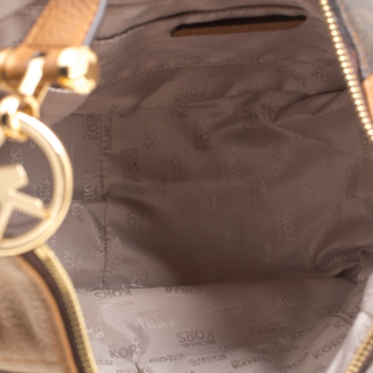 Pre Owned Michael Kors Brown Signature Coated Canvas and Leather Fulton Hobo