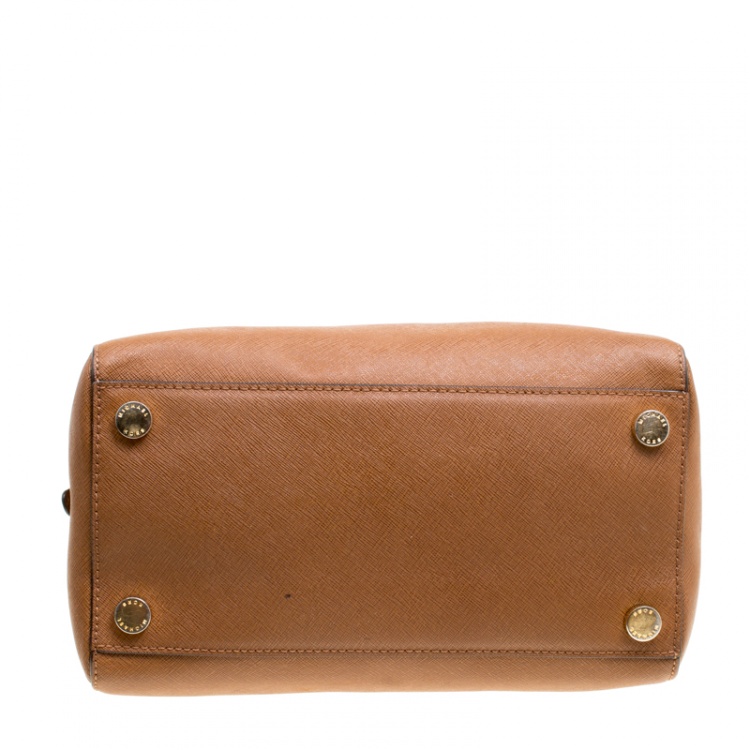 Pre Owned Michael Kors Brown Leather Logo Fob Top Handle Bag