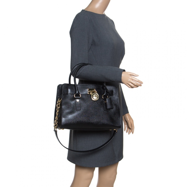 Pre Owned Michael Michael Kors Black Leather Hamilton Top Handle Bag