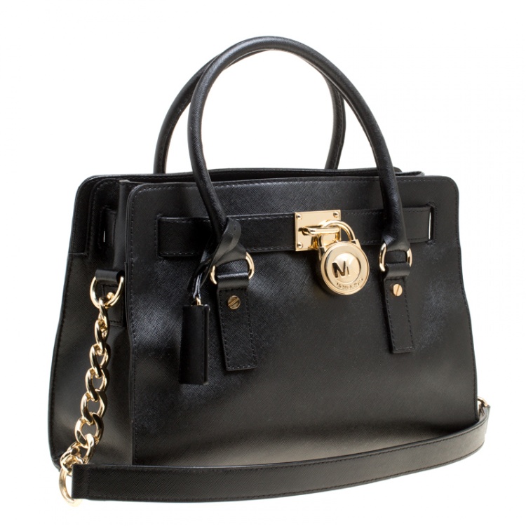 Pre Owned Michael Michael Kors Black Leather Hamilton Top Handle Bag