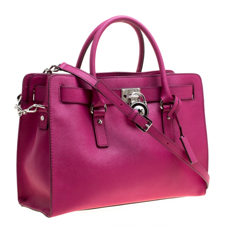 Pre Owned Michael Michael Kors Magenta Leather East West Hamilton Top Handle Bag
