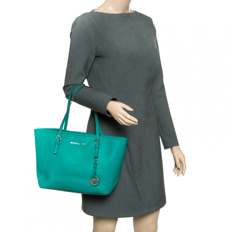 Pre Owned Michael Michael Kors Green Saffiano Leather Jetset Tote